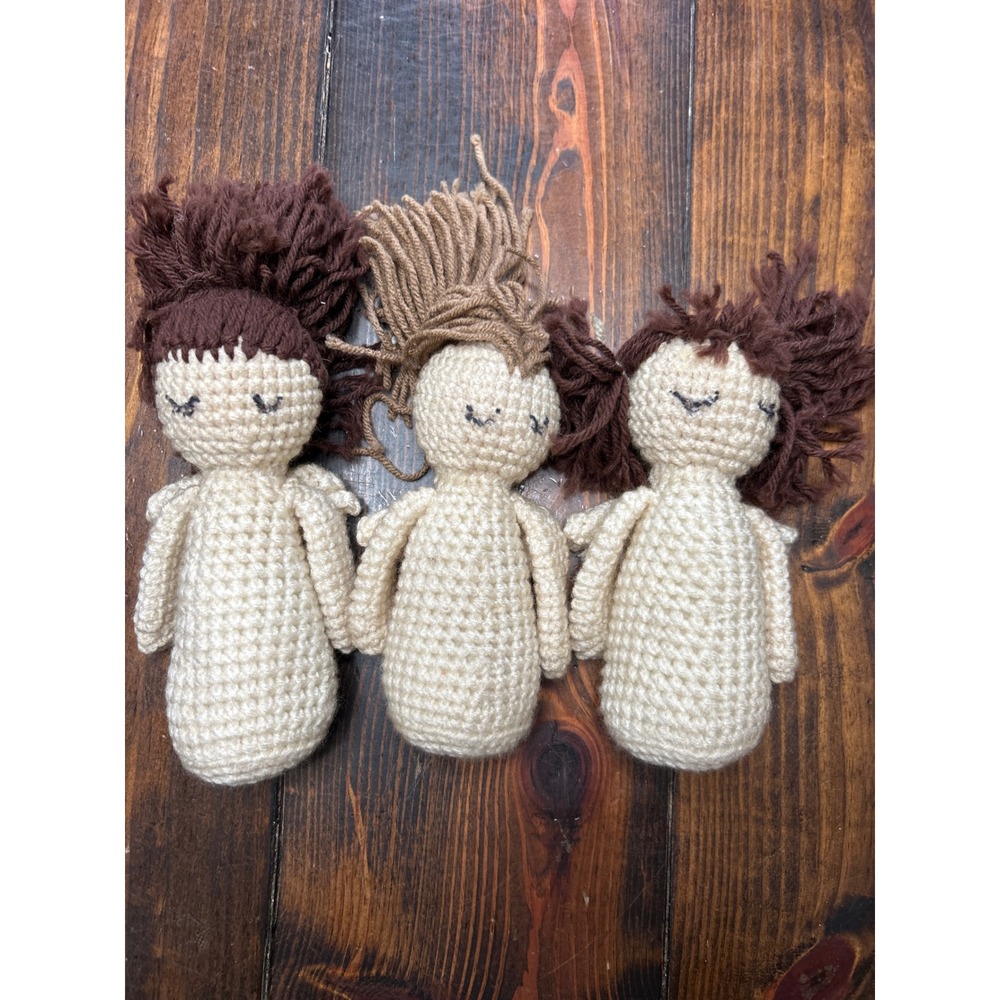 Handmade Crochet Angel Dolls Set of 3 Amigurumi Plush Cream Brown 8 Inch